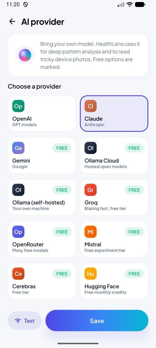 AI provider picker with free options marked